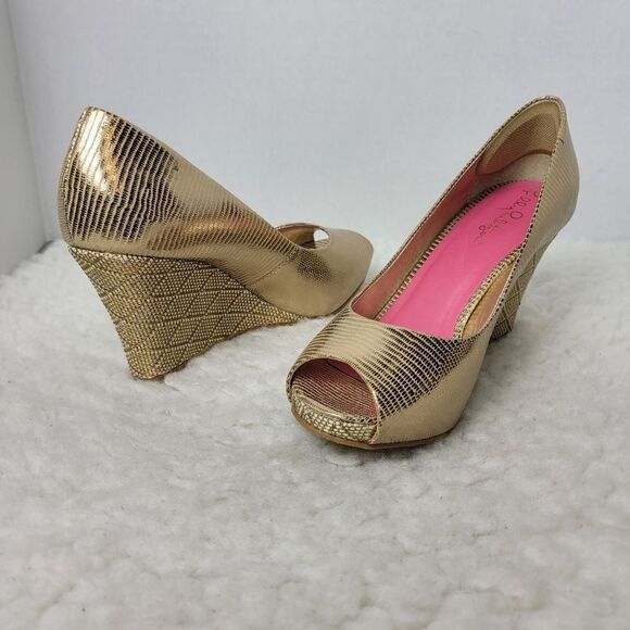 Lilly Pulitzer Women's Shoes Size 5.5 Gold Resort Chic Peep Toe Wedge Pumps - Picture 5 of 10